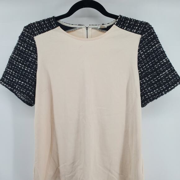 J.Crew Lux Gold Metallic Tweed Black Sleeve Cotton Cream Stretch Blouse Small - Picture 3 of 12